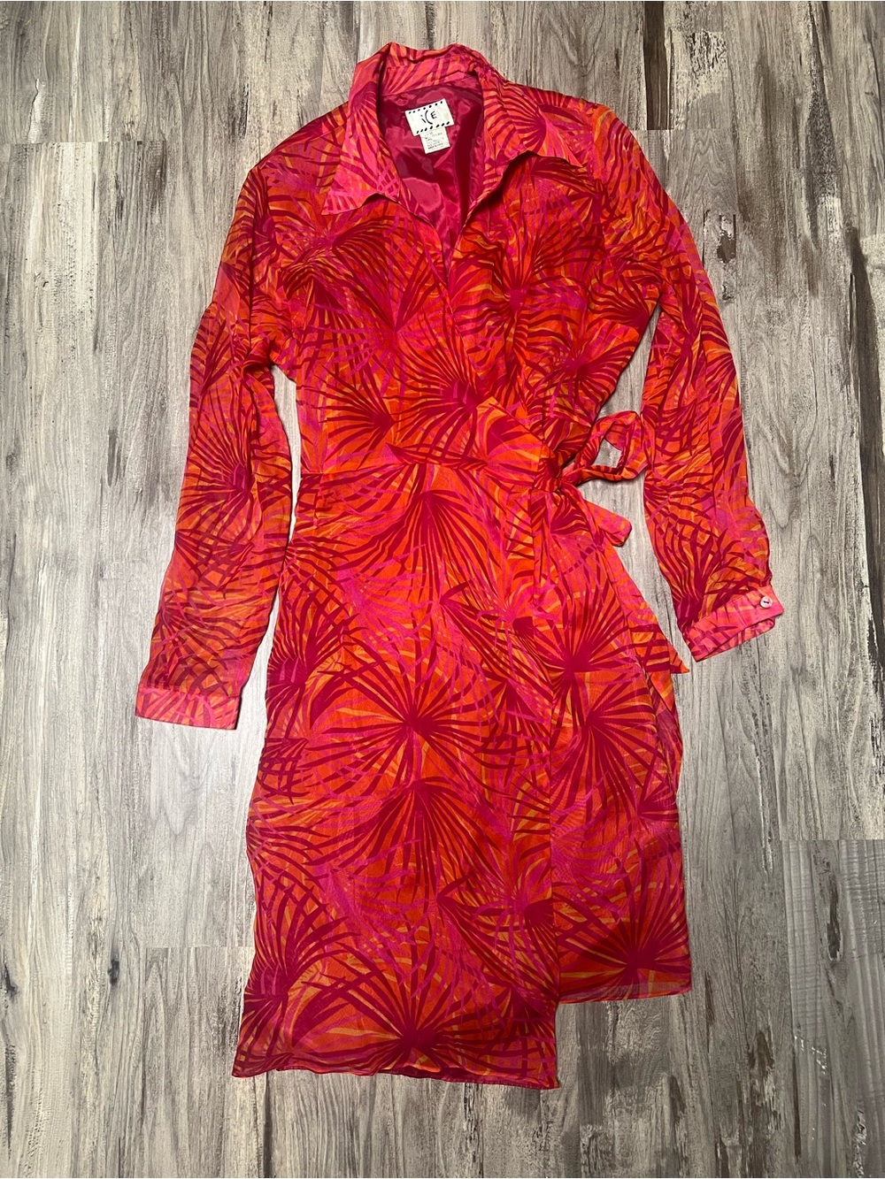 iCE Vintage 100% Silk Wrap Midi Dress Size 16 Fits Smaller Medium Y2K Palm